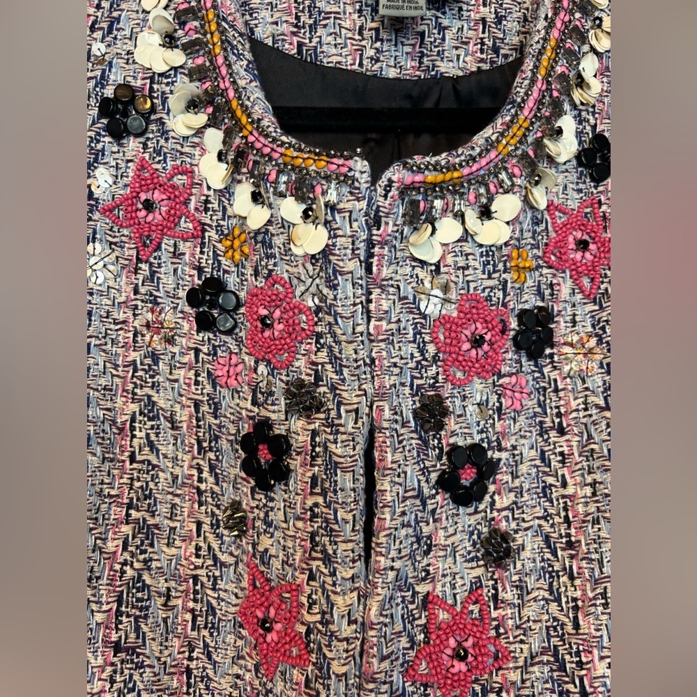 Anthropologie Summer of Love Tweed Beaded Jacket Pink Blue Size Med Boho - Picture 7 of 10